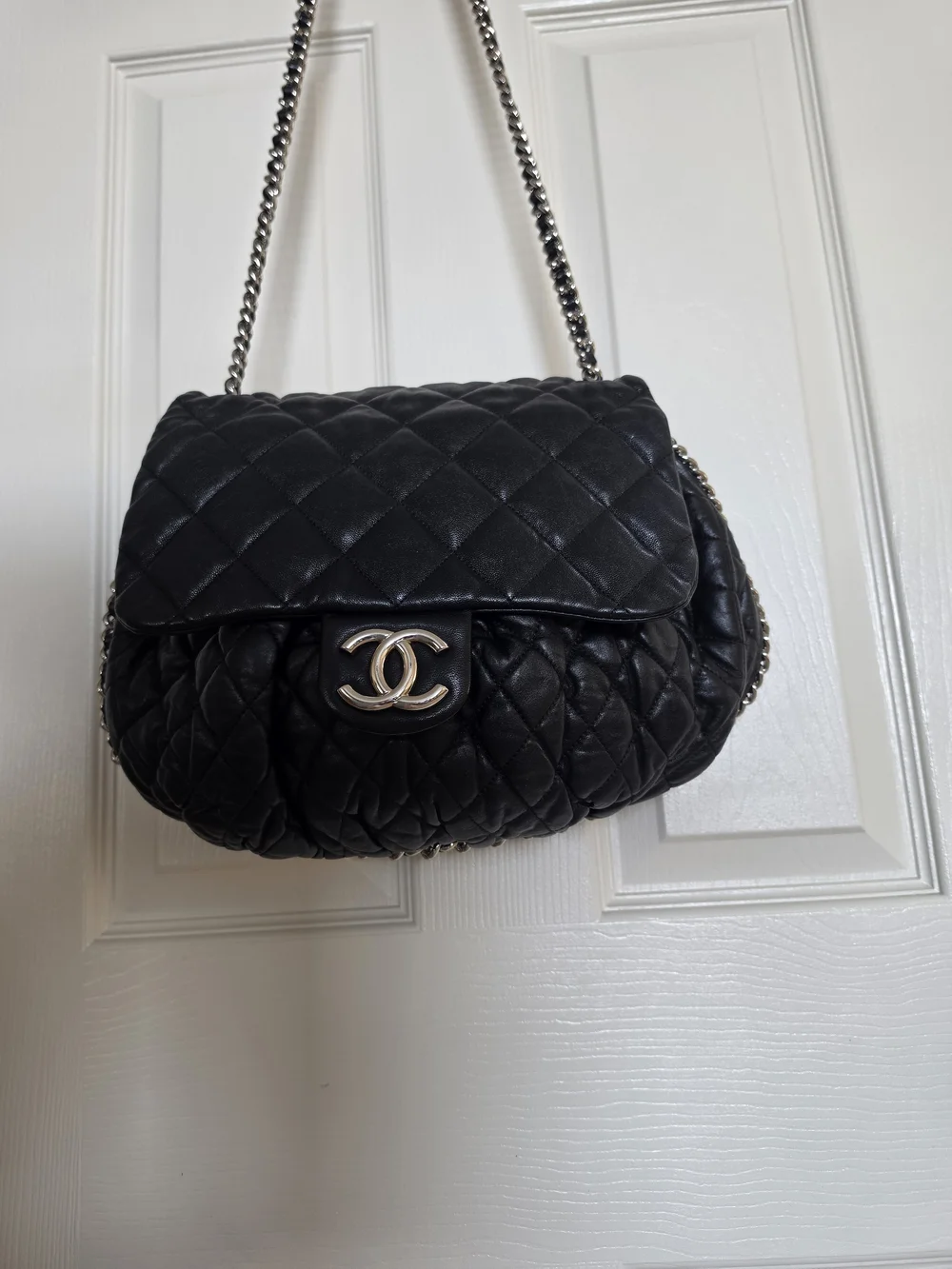 Chanel Black Puffy Quilted Lambskin Leather Chain Flap Bag